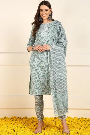 Ahika Green Pure Cotton Floral Embroidered Straight Suit Set