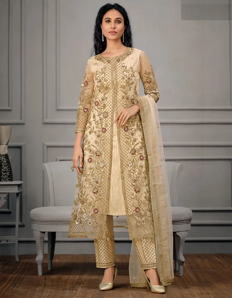 Beige Soft Net Pant Salwar Suit