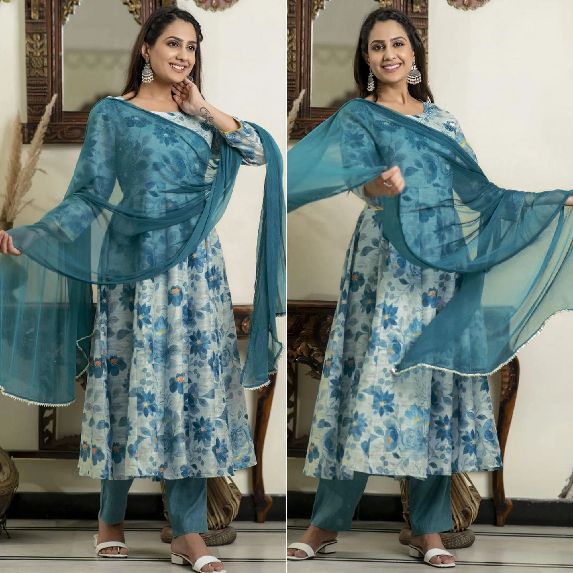 Blue Floral Printed Pure Cotton Anarkali Suit