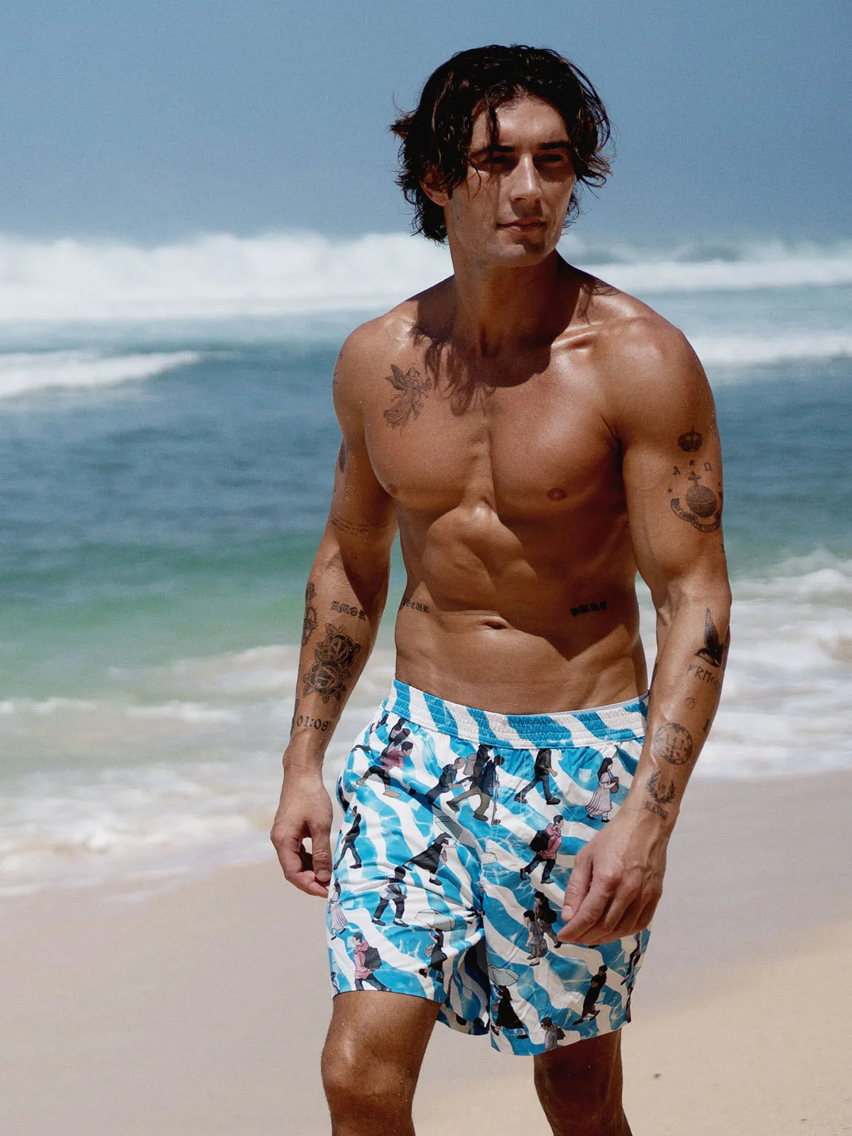 Hapnix® - The Blue White Men's 7" Swim Trunks