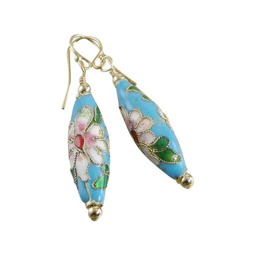 Light Blue Cloisonné Earrings, Cloisonné Flower Earrings