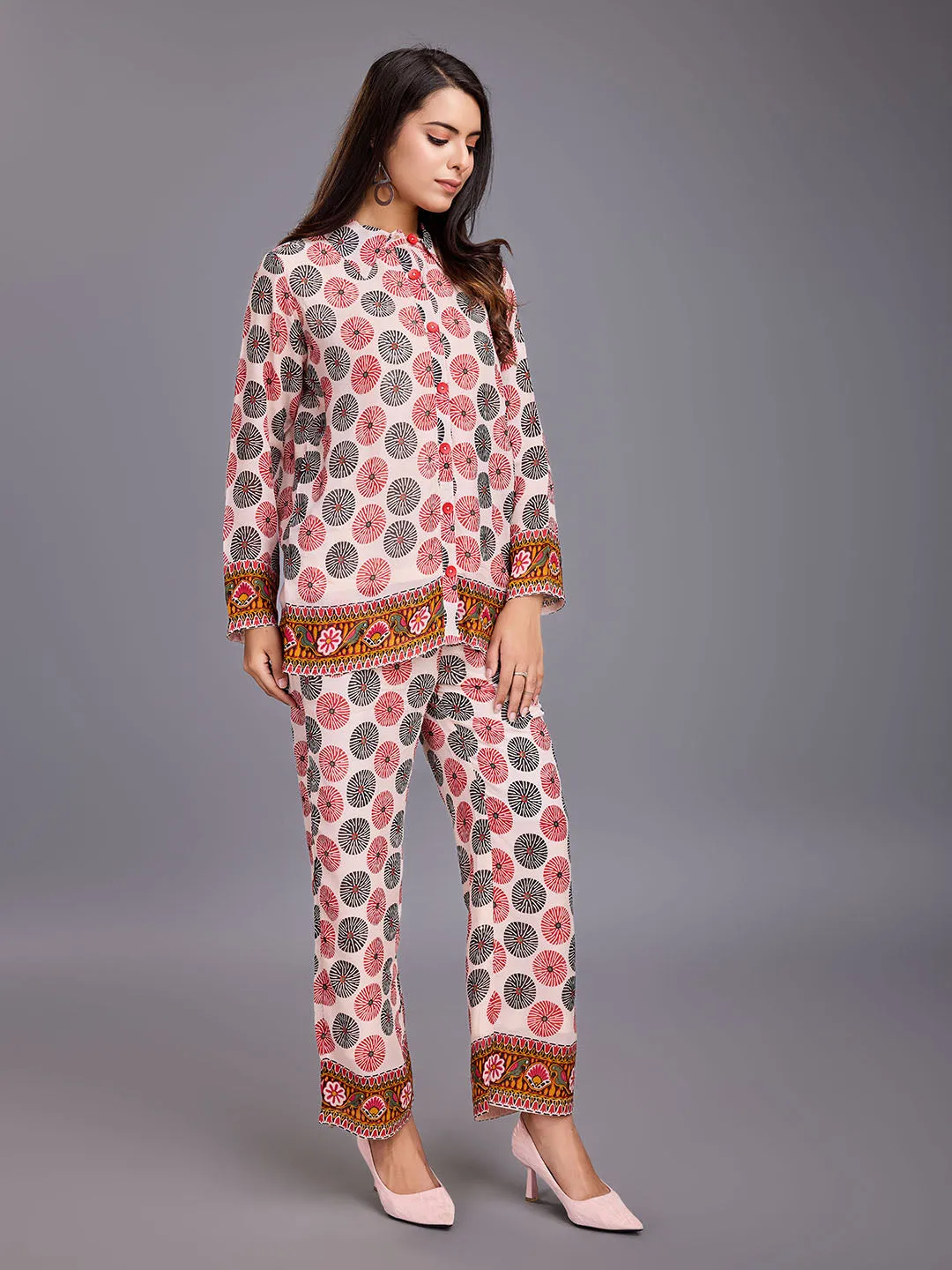 stylish embellished floral printed shirt with long sleeves & a printed pants Georgette set - Multi