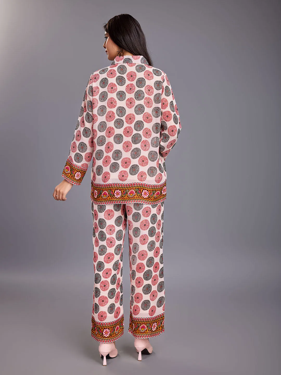stylish embellished floral printed shirt with long sleeves & a printed pants Georgette set - Multi
