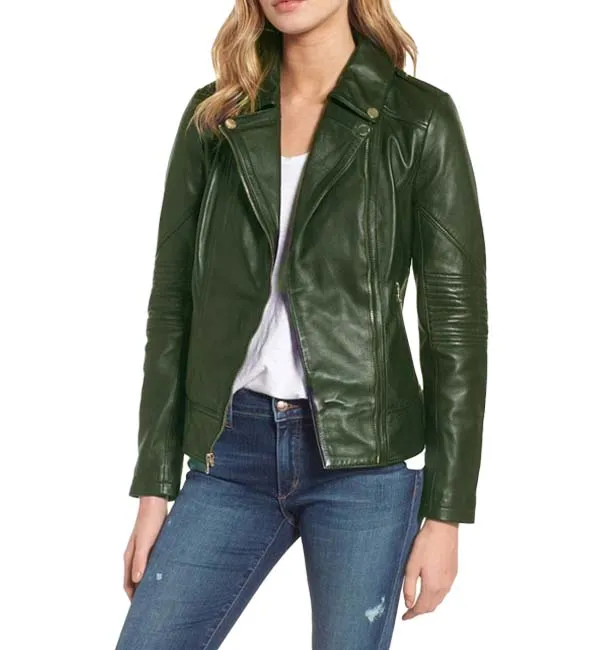 Women Motorcycle Olive Green Genuine Leather Vintage Bomber Jacket