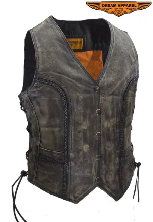 Womens Longer Cut Distressed Brown Cowhide Leather Motorcycle Vest