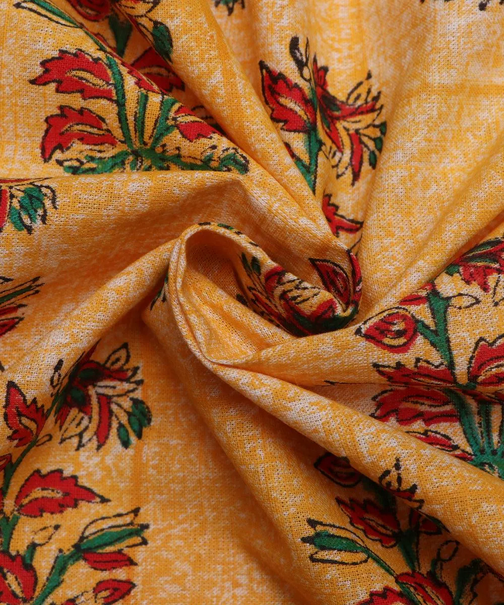 Yellow and Pink Hand Block Floral Print Cotton Fabric